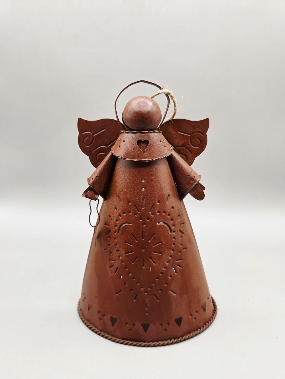 Rustic Punched Brown Metal Angel Candle Lantern with Heart Cutouts
